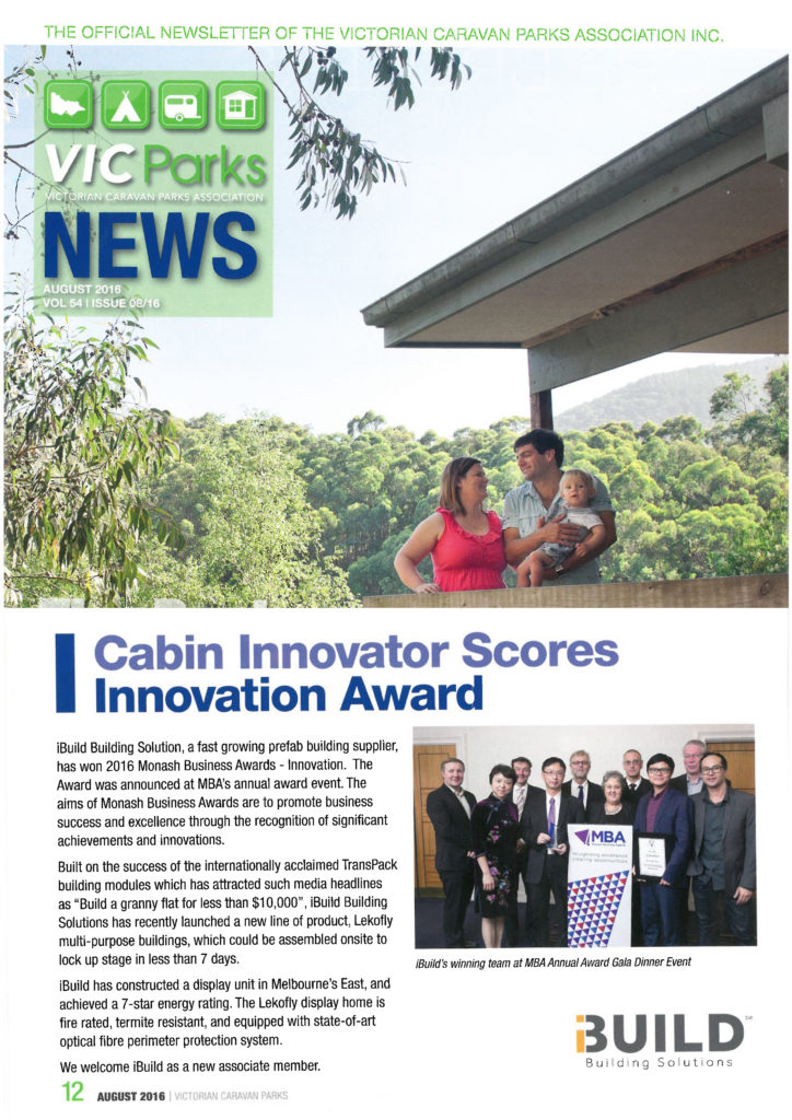 iBuild featured in VicParks Newsletter Cabin Innovator Scores Innovation Award